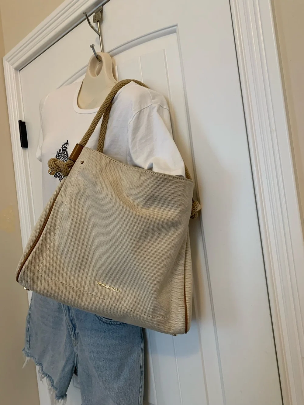 Michael Kors Beige Canvas Tote Bag with Rope Handles